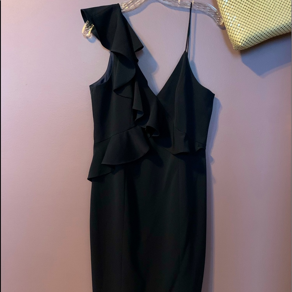 Jay Godfrey navy strapped ruffle cocktail dress!